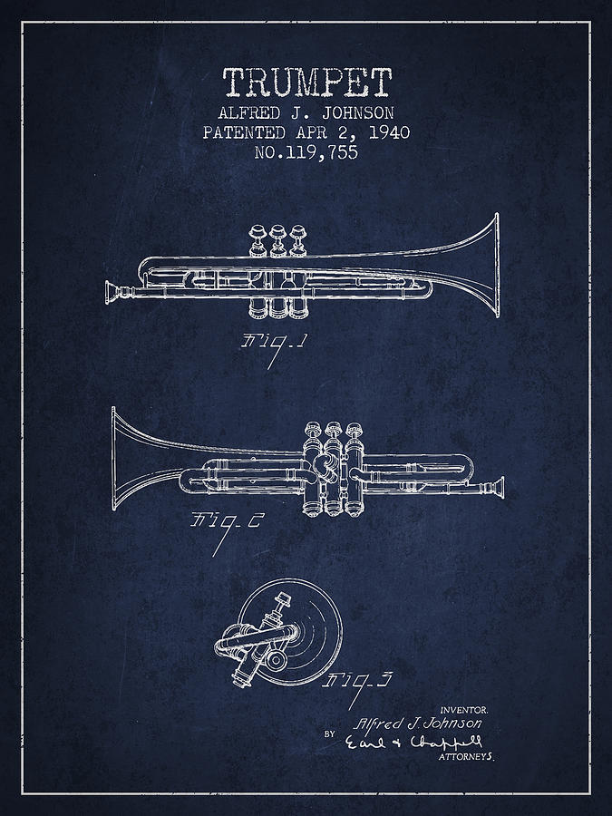 Vintage Trumpet Patent From 1940 - Blue Digital Art