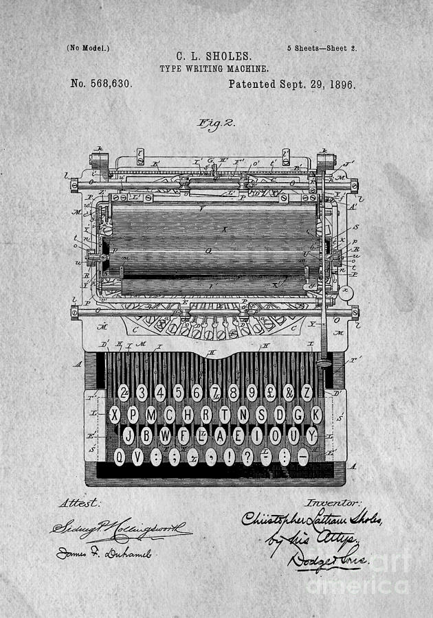 Vintage Digital Art - Vintage Typewriter Patent Art 1896 by Edward Fielding