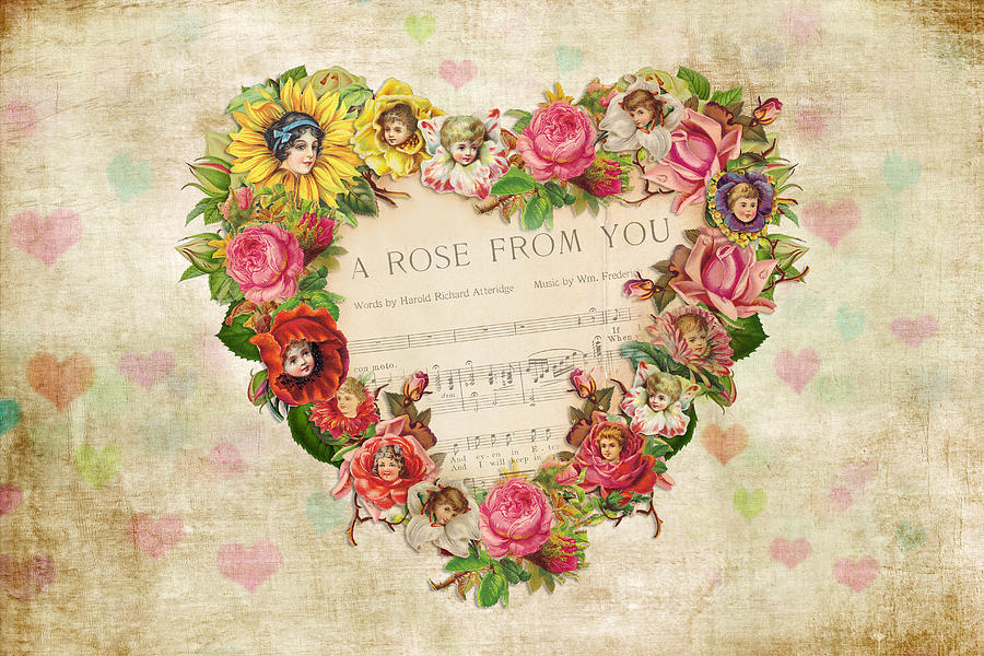 Vintage Valentine Hearts and Flowers Digital Art by Peggy Collins