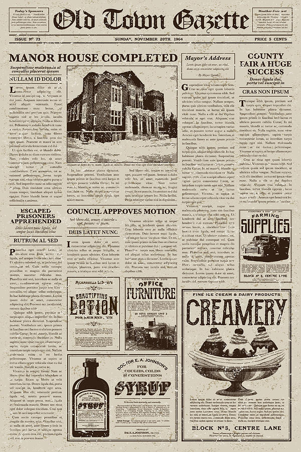 Vintage Victorian Style Newspaper Design Template Drawing by Bortonia