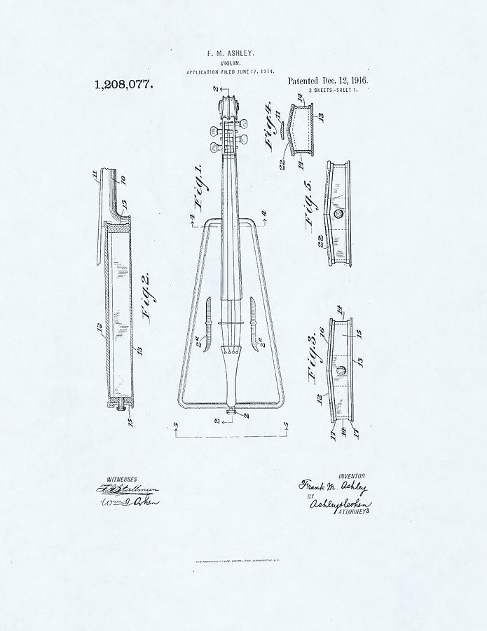 Violin Patent drawing on blue background #5 Drawing by Steve Kearns
