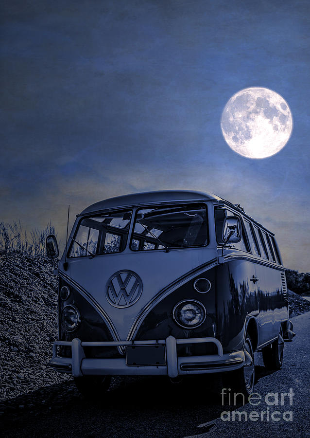 Beach Photograph - Vintage VW bus parked at the beach under the moonlight by Edward Fielding