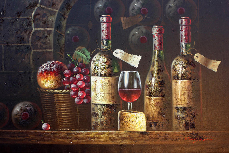 Cheese Painting - Vintage Wine Bottles by American Artist