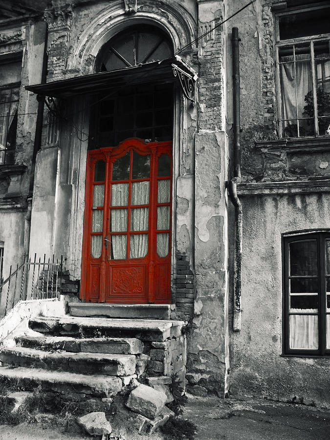 Vintage Wooden Red Door And Damaged Stone Stairs Photograph by Vlad Baciu