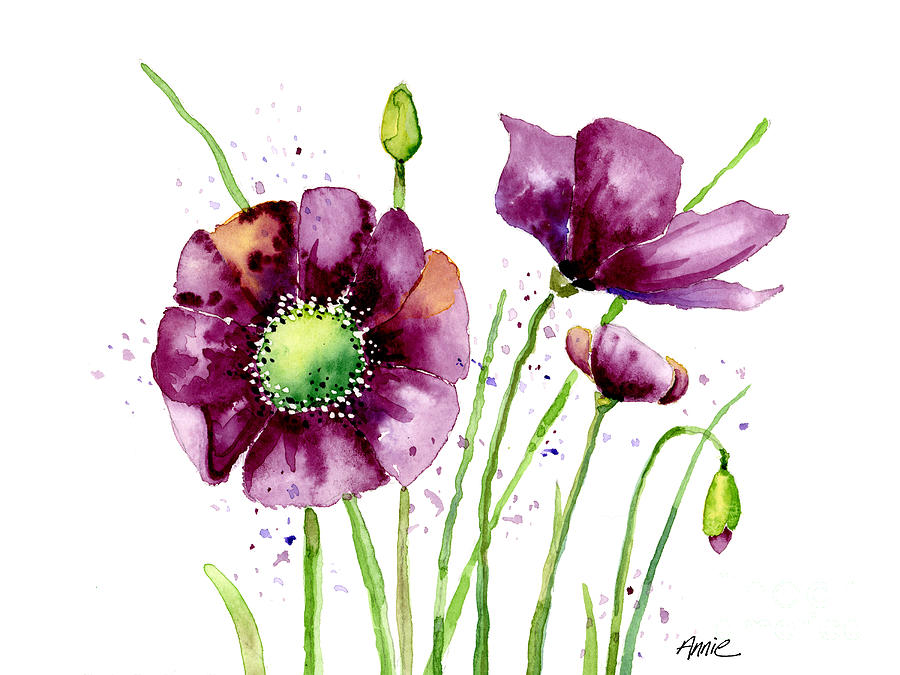 Violet Poppies Painting by Annie Troe