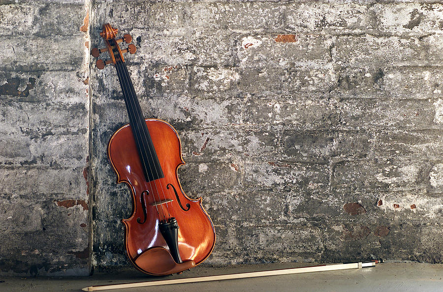 Music Photograph - Violin on brick Horizontal by Jon Neidert