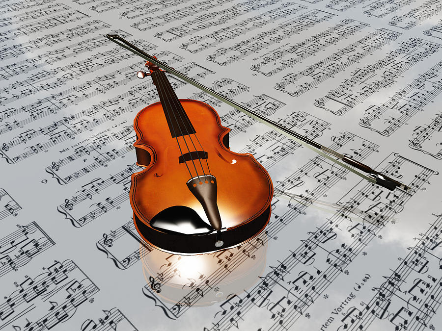 Violin On Sheet Music Backdrop With Clouds Reflecting Digital Art