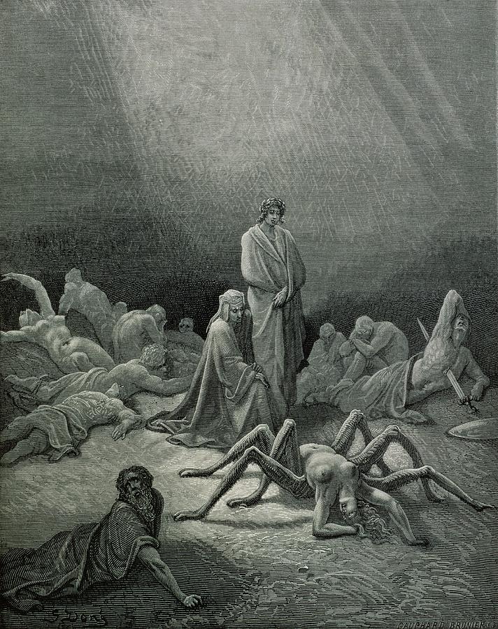 Gustave Dore Drawing - Virgil And Dante Looking At The Spider Woman, Illustration From The Divine Comedy by Gustave Dore