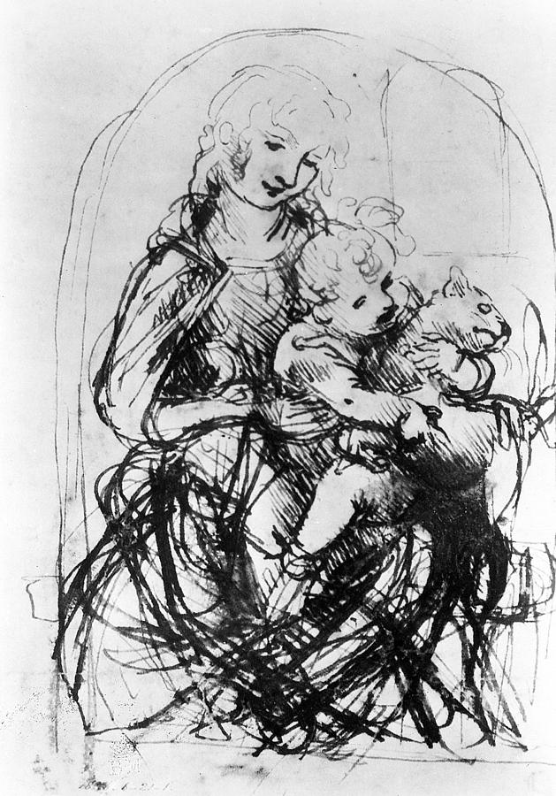 Virgin & Child With A Cat Drawing by Granger Virgin & Child With A Cat Drawing by Granger