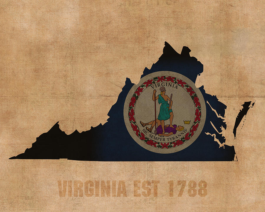 Richmond Mixed Media - Virginia State Flag Map Outline With Founding Date On Worn Parchment Background by Design Turnpike