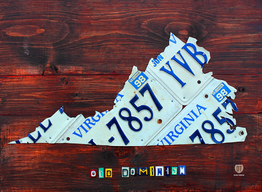 Vintage Mixed Media - Virginia State License Plate Map Art on Fruitwood Old Dominion by Design Turnpike