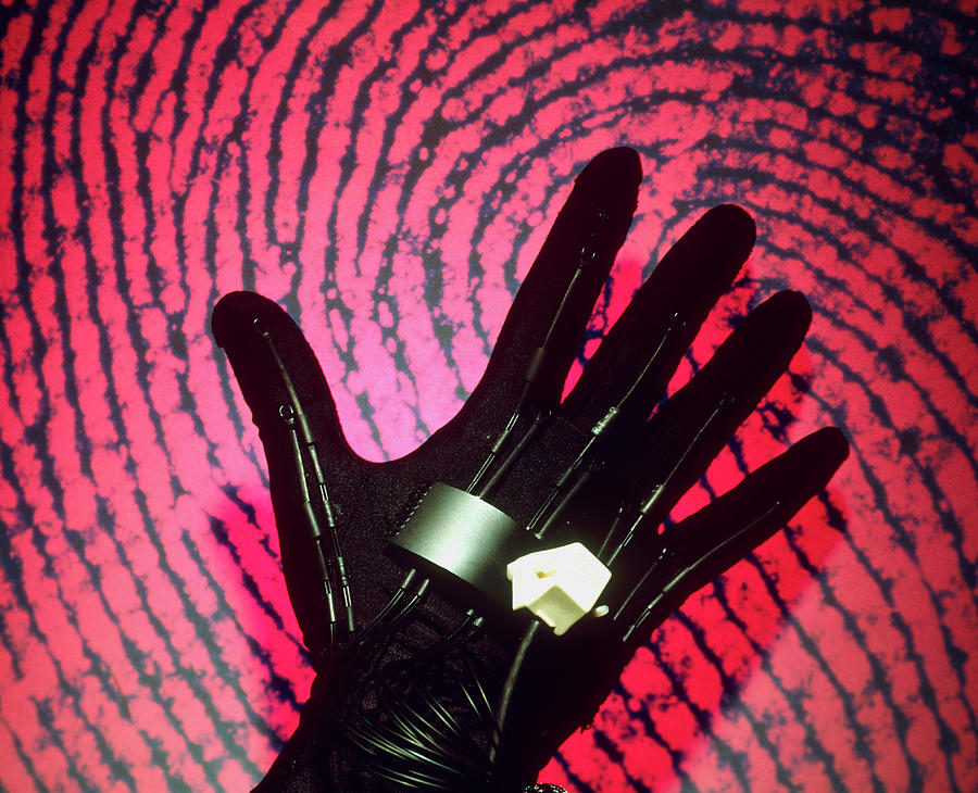 Glove Photograph - Virtual Reality Glove With Fingerprint Background by Klaus Guldbrandsen/science Photo Library