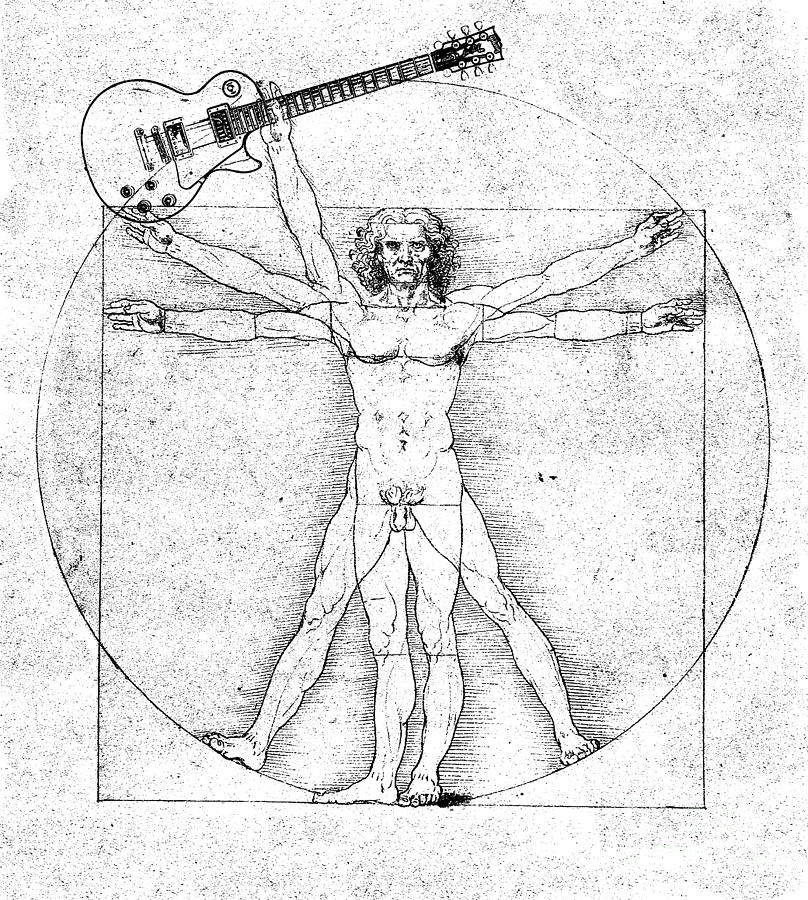 Leonardo Da Vinci Drawing - Vitruvian Guitar Man BW by Jon Neidert