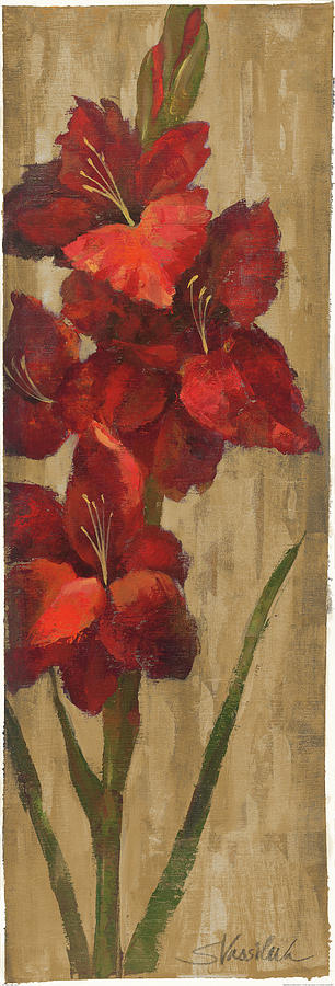 Flower Painting - Vivid Red Gladiola On Gold by Silvia Vassileva