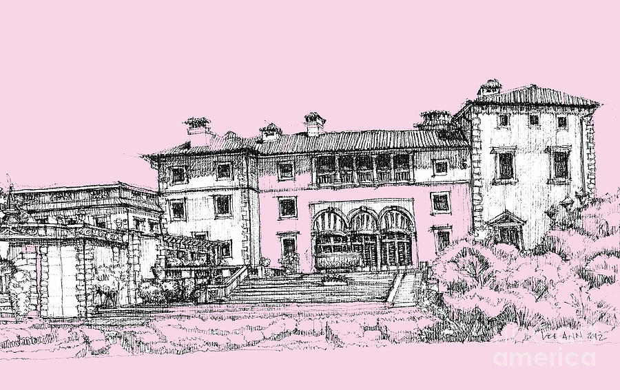 Garden Drawing - Vizacaya Museum in baby pink  by Building  Art