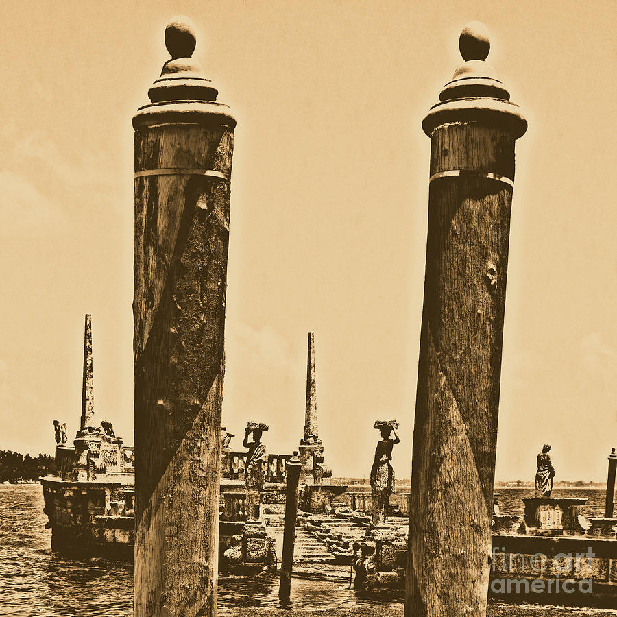 Vizcaya Boat Dock Posts and Breakwater Ship Biscayne Bay Miami Square Format Rustic Digital Art Digital Art by Shawn OBrien