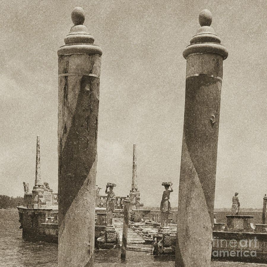 Vizcaya Boat Dock Posts and Breakwater Ship Biscayne Bay Miami Square Format Vintage Digital Art Digital Art by Shawn OBrien