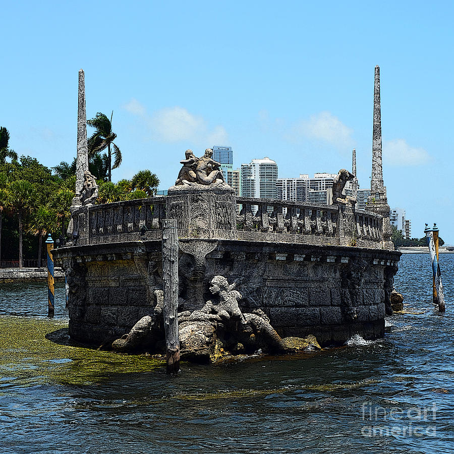 Vizcaya Breakwater Ship Bow and Skyline Biscayne Bay Miami Florida Square Format Poster Edges Digital Art by Shawn OBrien