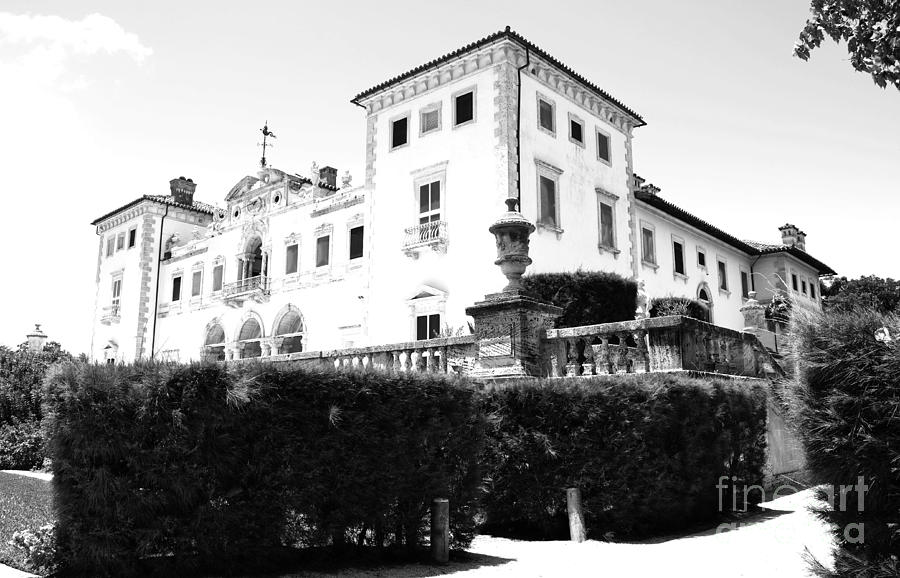 Vizcaya Mansion Museum Corner View Coconut Grove Biscayne Bay Miami Florida Black and White Photograph by Shawn OBrien