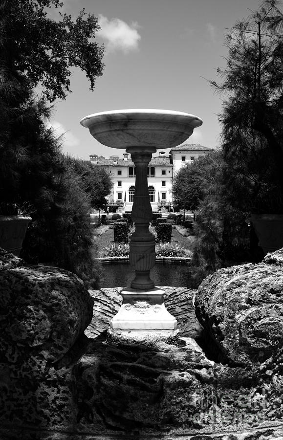 Vizcaya Mansion Museum Grounds Botanical Gardens Fountain Miami Florida Vertical Black and White Photograph by Shawn OBrien