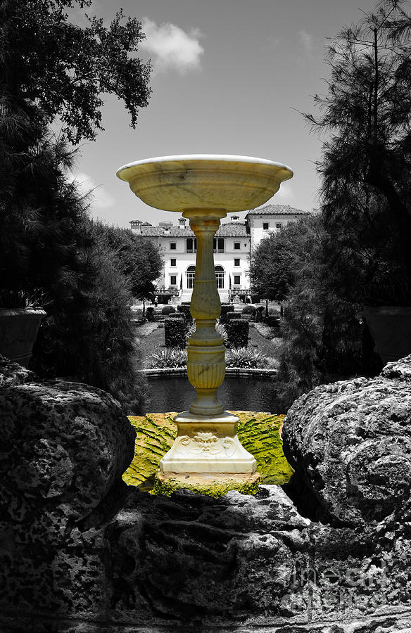 Miami Photograph - Vizcaya Mansion Museum Grounds Botanical Gardens Fountain Miami Florida Vertical Color Splash BW by Shawn OBrien