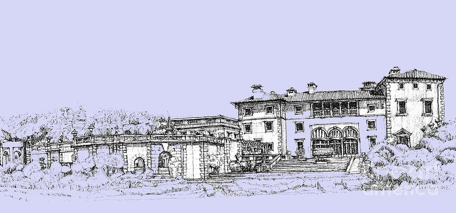 Garden Drawing - Vizcaya Museum and Gardens in soft blue by Building  Art