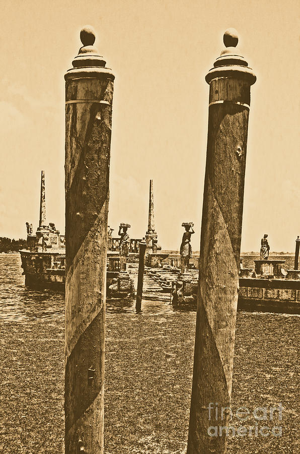 Vizcaya Museum Boat Dock Posts and Stone Ship Breakwater Biscayne Bay Miami Rustic Digital Art Digital Art by Shawn OBrien