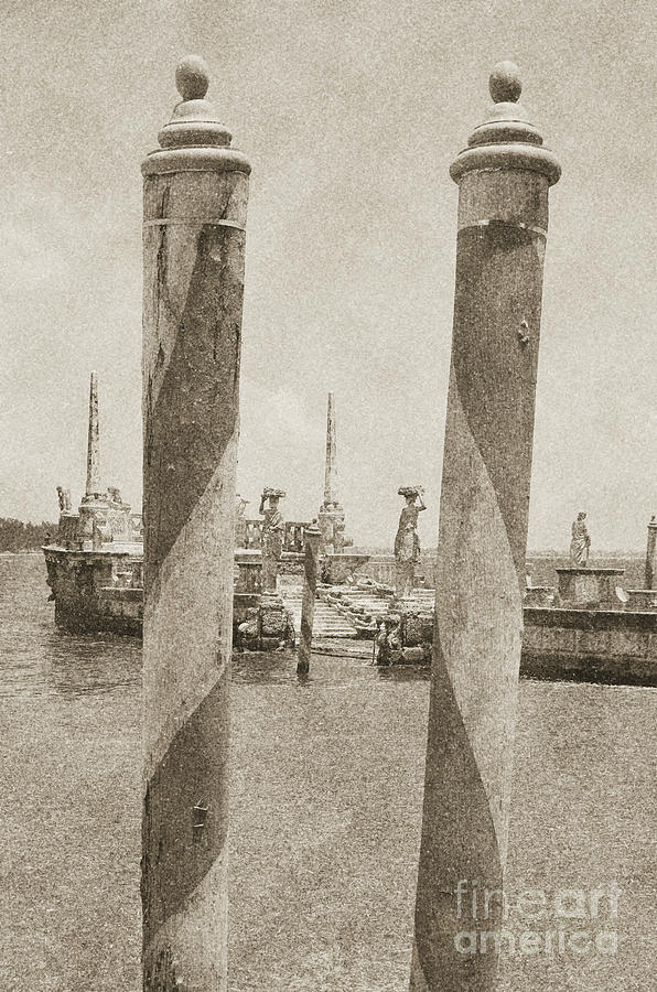 Vizcaya Museum Boat Dock Posts and Stone Ship Breakwater Biscayne Bay Miami Vintage Digital Art Digital Art by Shawn OBrien