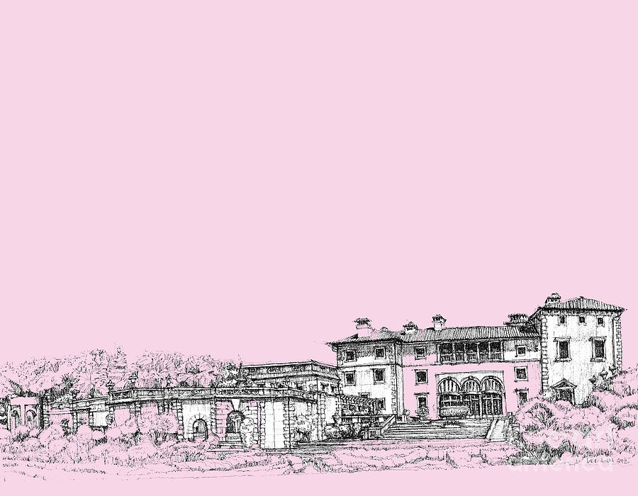 Garden Drawing - Vizcaya museum in pink by Building  Art
