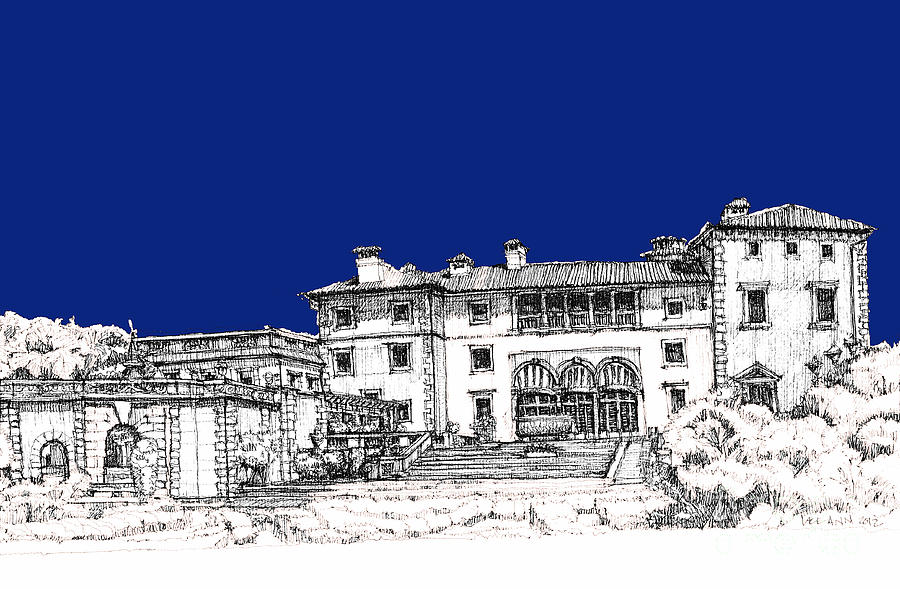 Garden Drawing - Vizcaya Museum in royal deep blue by Building  Art
