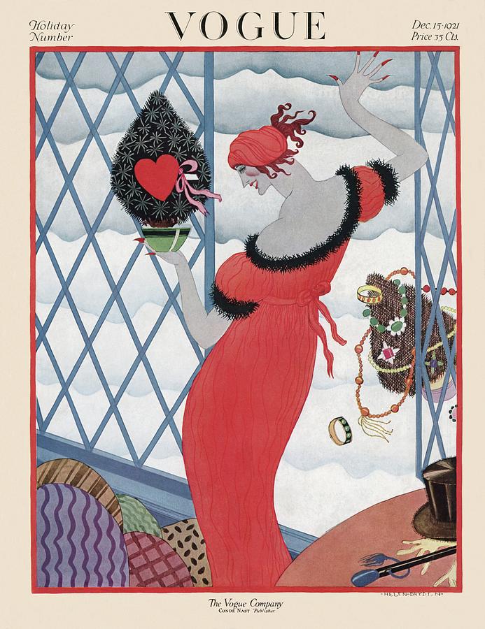 Vogue Cover Featuring A Woman Holding A Christmas Painting by Helen Dryden