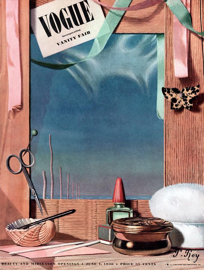 Still Life Photograph - Vogue Cover Illustration Of Cosmetics In Front by Pierre Roy