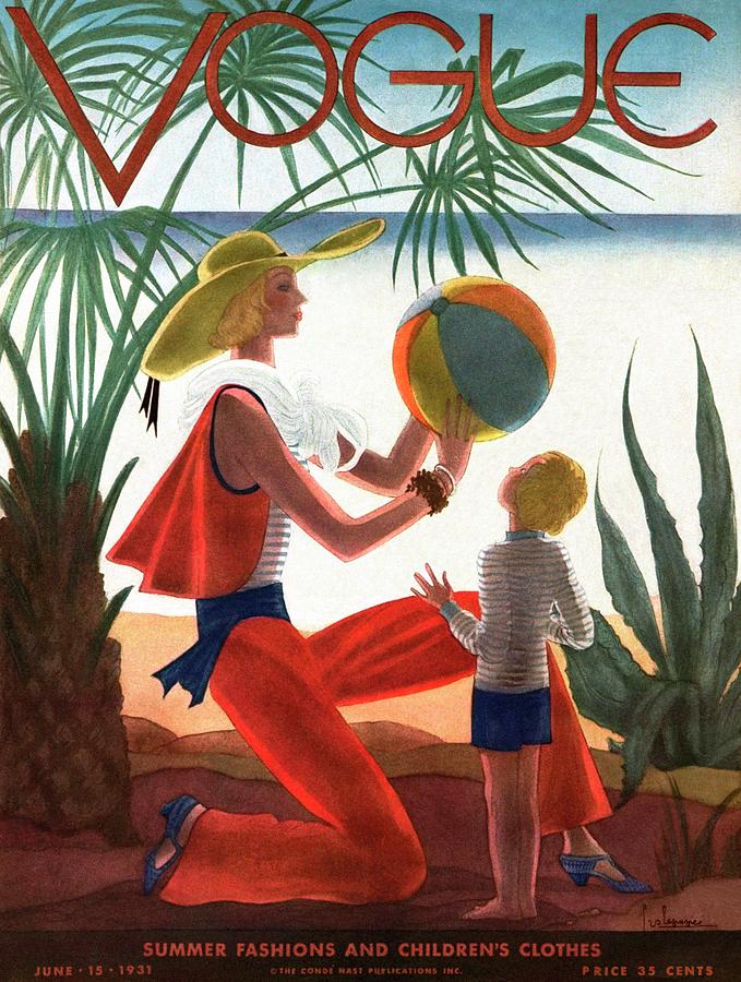 Vogue Cover With Mother And Daughter At Beach Photograph by Georges Lepape