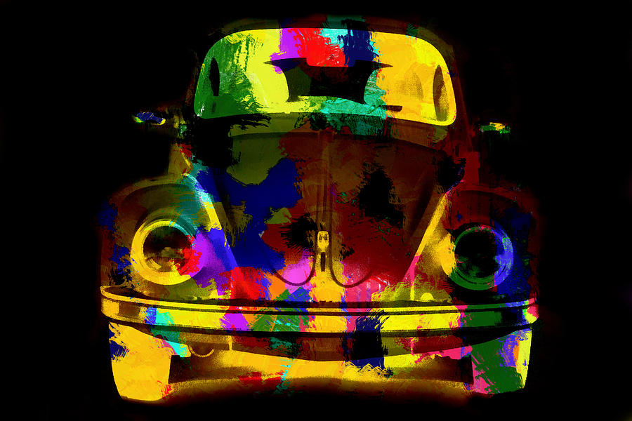 Transportation Painting - Volkswagen beetle colorful abstract on black by Eti Reid