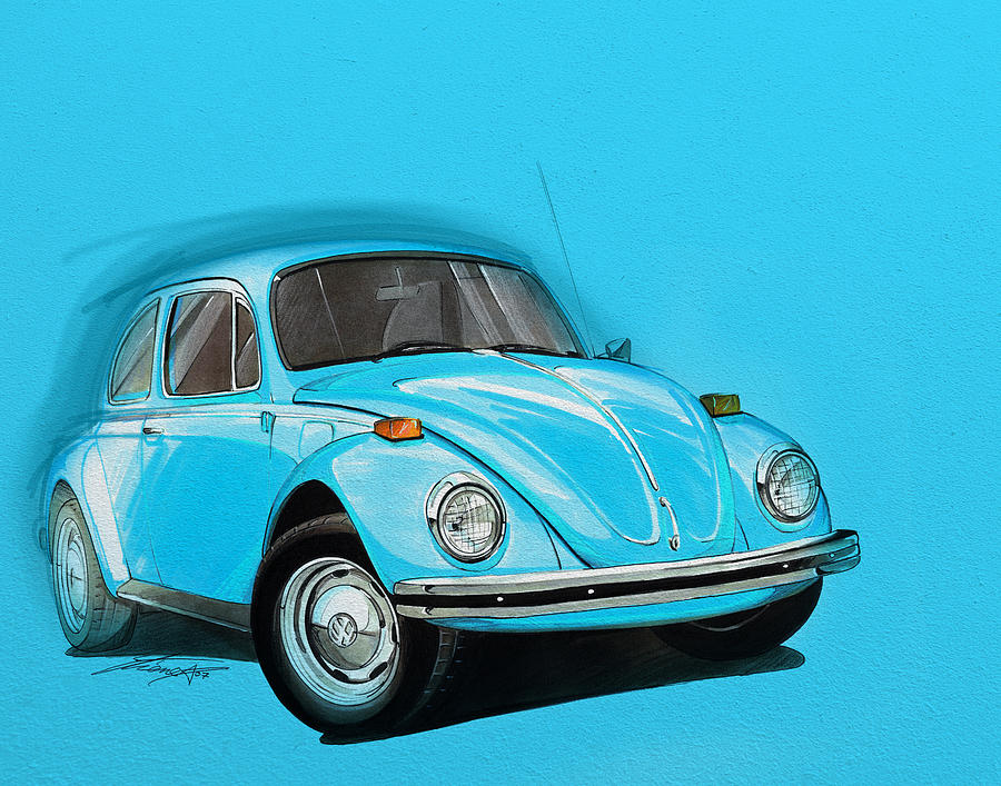 Car Digital Art - Volkswagen Beetle VW Blue by Etienne Carignan