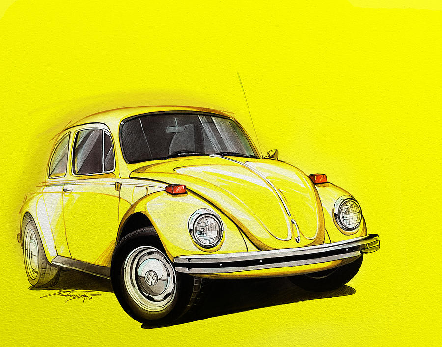 Car Digital Art - Volkswagen Beetle VW Yellow by Etienne Carignan