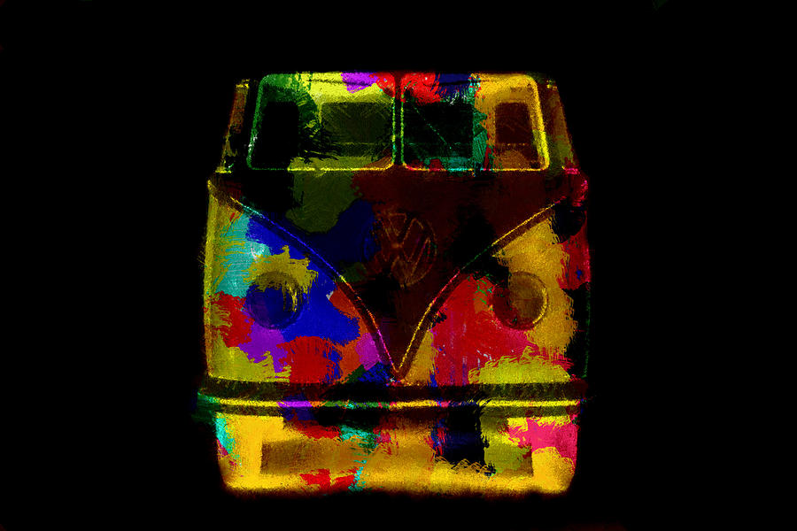 Volkswagen camper colorful abstract on black Painting by Eti Reid