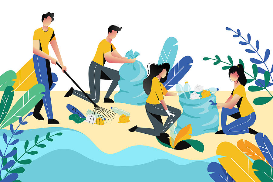 Volunteering, charity social concept. Volunteer people cleaning garbage on beach area or city park, vector illustration Drawing by Volodymyr Kryshtal