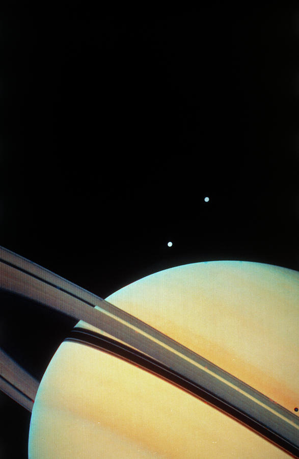 Voyager 1 Photo Of Saturn & Two Of Its Moons Photograph by Nasa/science Photo Library