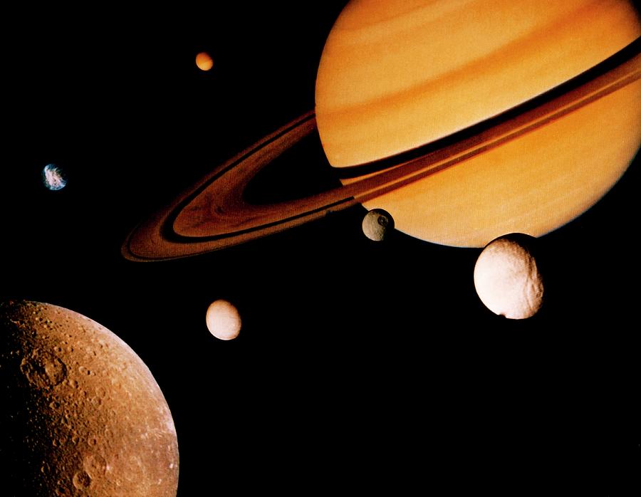 Voyager 2 Composite Of Saturn & 6 Of Its Moons Photograph by Nasa