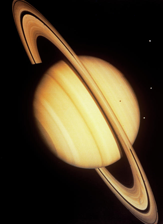 Voyager 2 Photo Of Saturn & Three Of Its Moons Photograph by Nasa/science Photo Library