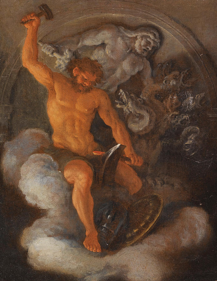 Vulcan at his Forge behind him a Bas-Relief of Hercules fighting the Hydra Painting by Filippo Lauri