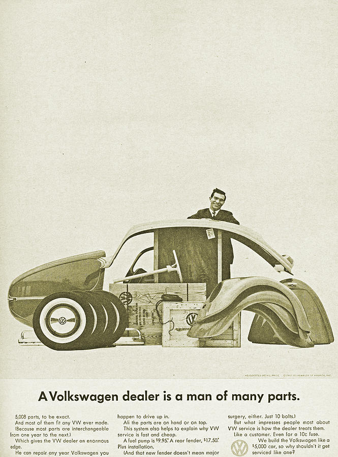 VW Beetle Advert 1962 - A Volkswagen dealer is a man of many parts Digital Art by Georgia Clare