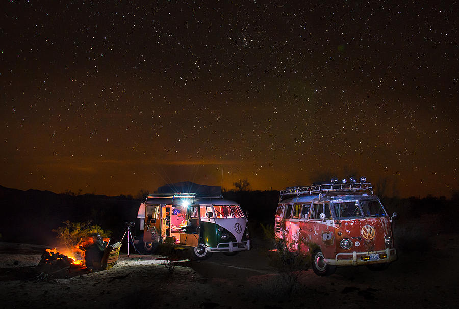 Vintage Photograph - VW Microbuses Camping Under The Desert Stars by Richard Kimbrough