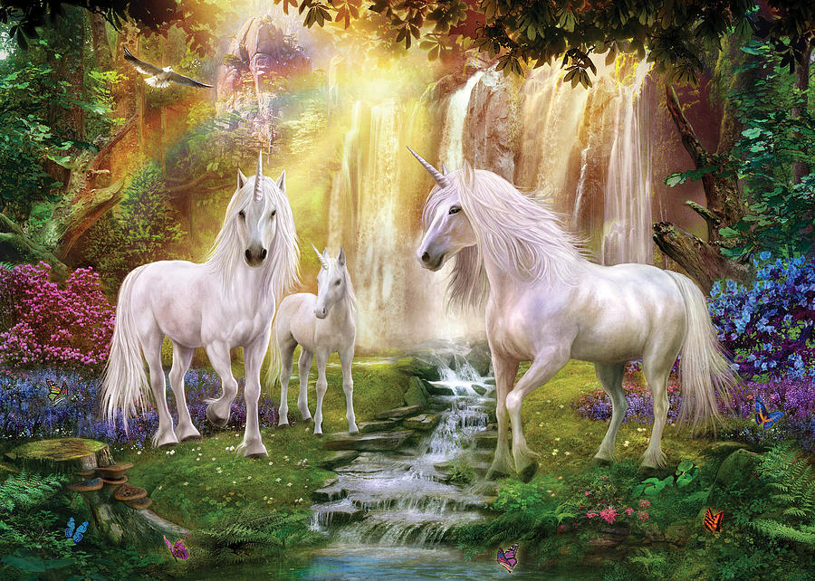 Unicorn Photograph - Waaterfall Glade Unicorns by MGL Meiklejohn Graphics Licensing