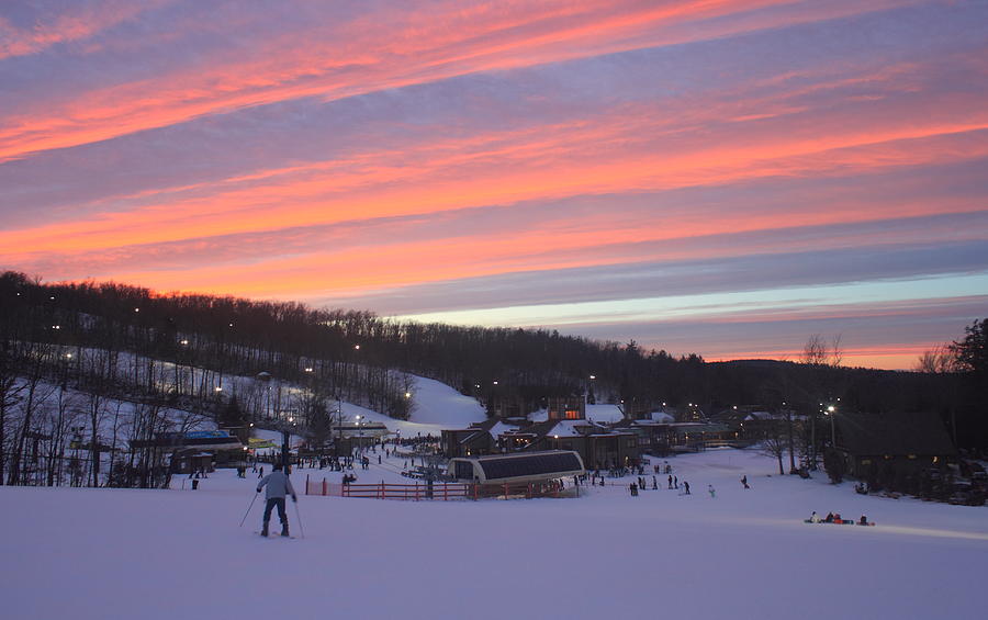 Wachusett Mountain Ski Area Sunset with skiier Photograph by John Burk
