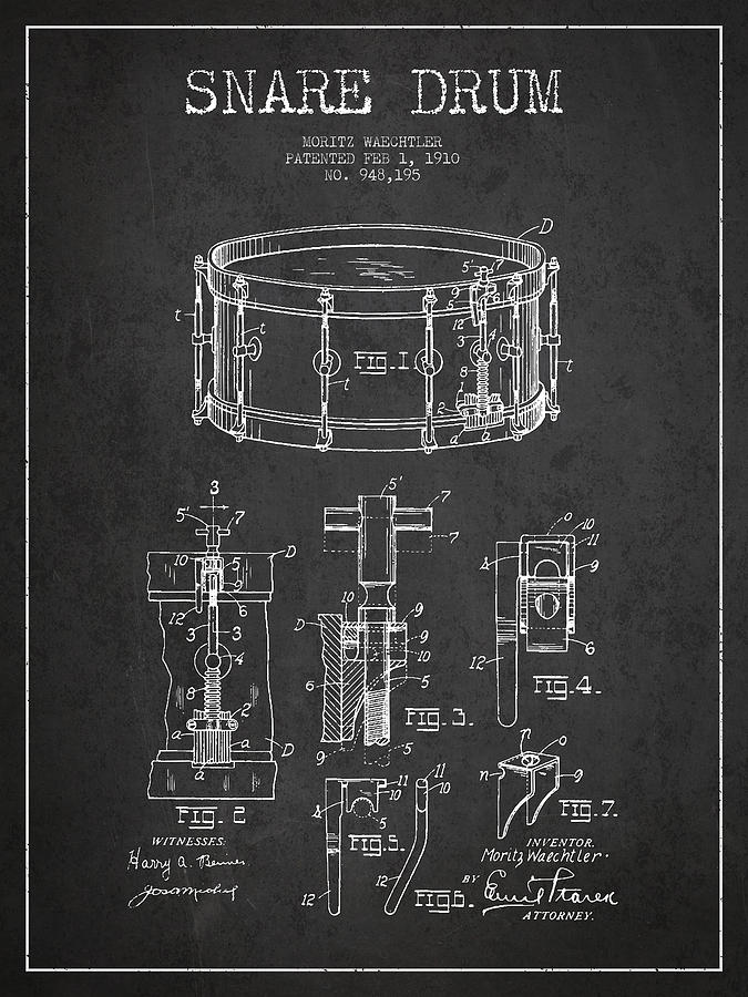Music Digital Art - Waechtler Snare Drum Patent Drawing from 1910 - Dark by Aged Pixel