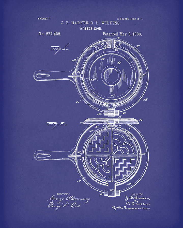 Waffle Iron 1883 Patent Art Blue Drawing by Prior Art Design