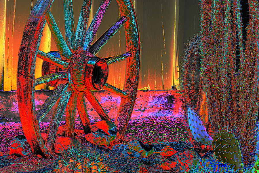 Wagon Wheel And Cactus Pop Art Photograph by Phyllis Denton