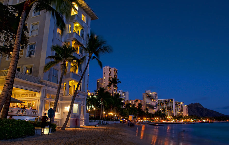 Waikiki Beach Night Lights Photograph by Bill Bachmann - Printscapes